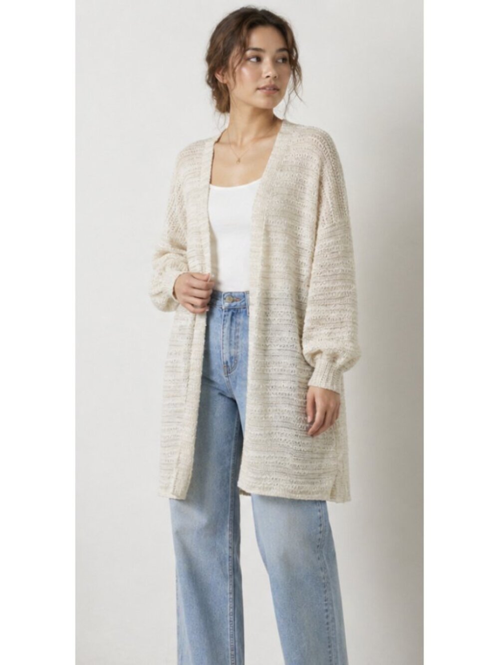 BY ANTHROPOLOGIE Longline Neutral Textured Knit Open Front Cardigan One Size